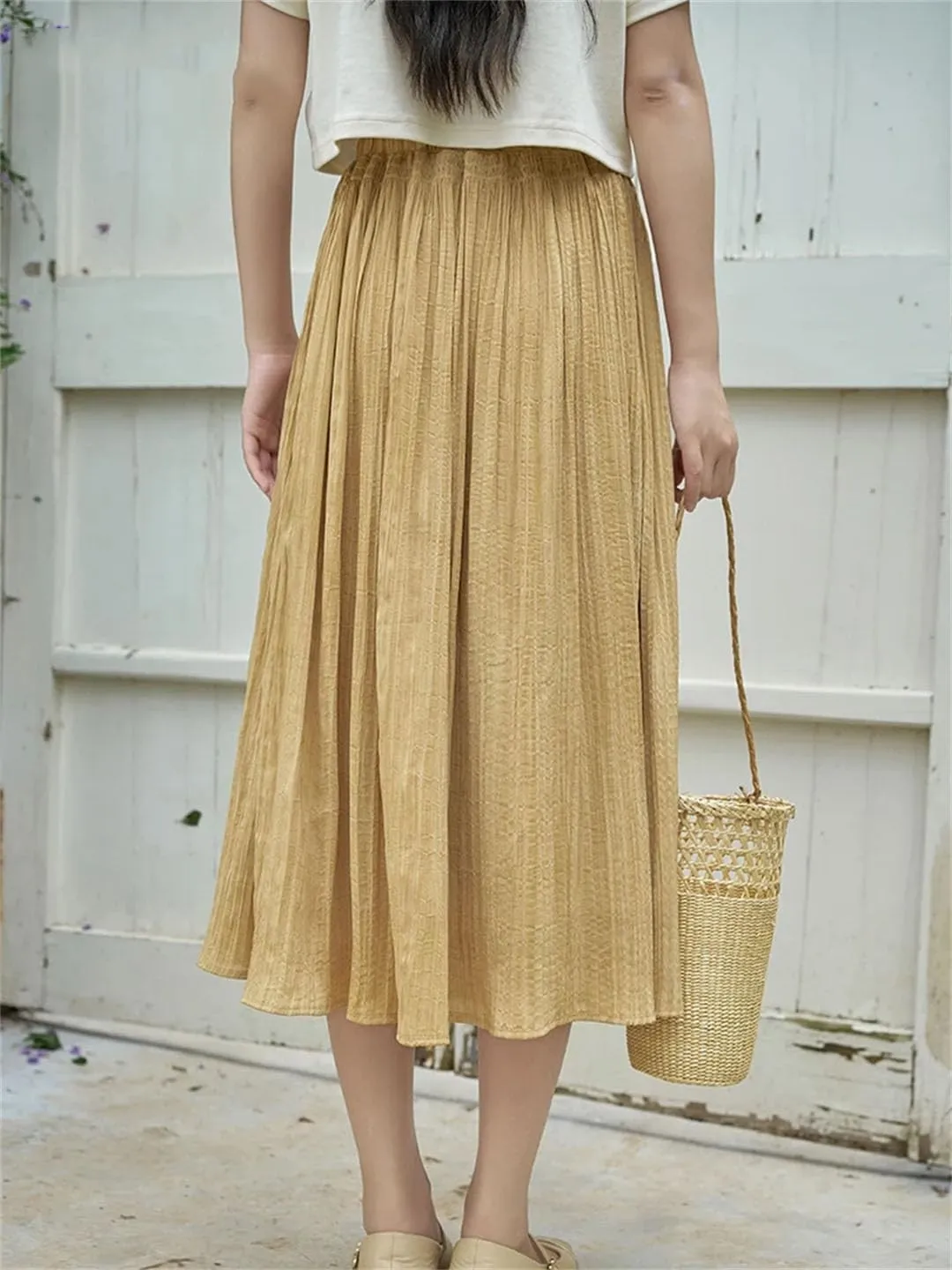 Women High Waist Solid Pleated A-Line Skirt Back Elastic Waist Midi Skirt