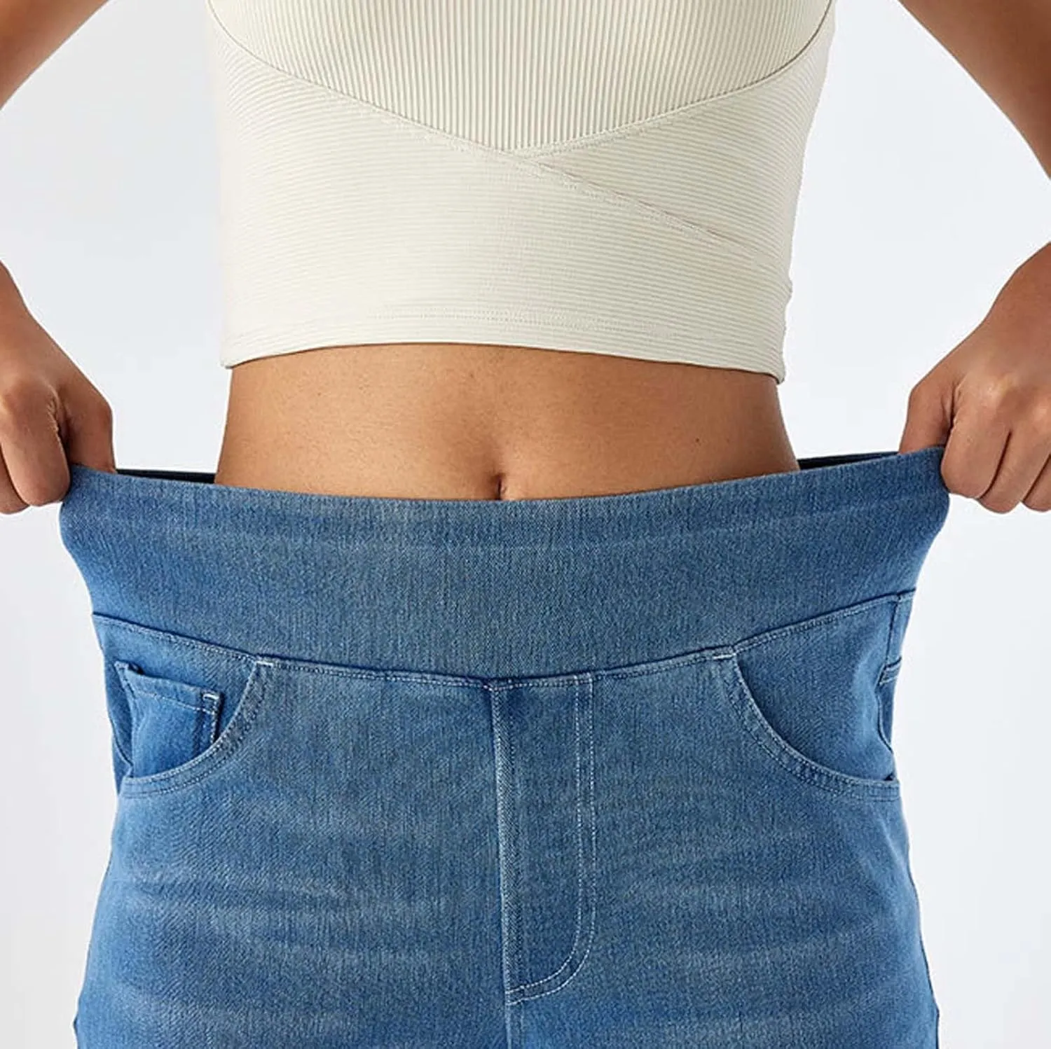 Women High Waisted Jeans Sweatpants That Look Like Jeans Stretchy Pull On Wide Leg Denim Pants with Pockets