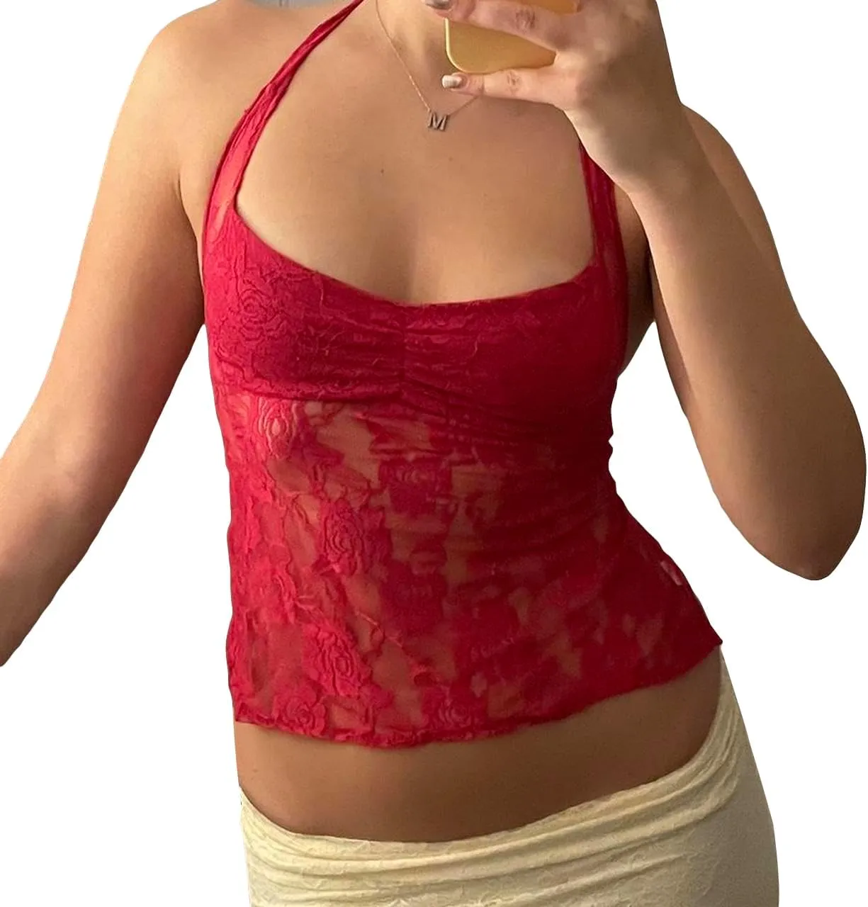 Women Lace Crop Tank Tops Lace See Through Backless Tie-Up Halter Going Out Tops Sleeveless Cami Shirts Streetwear