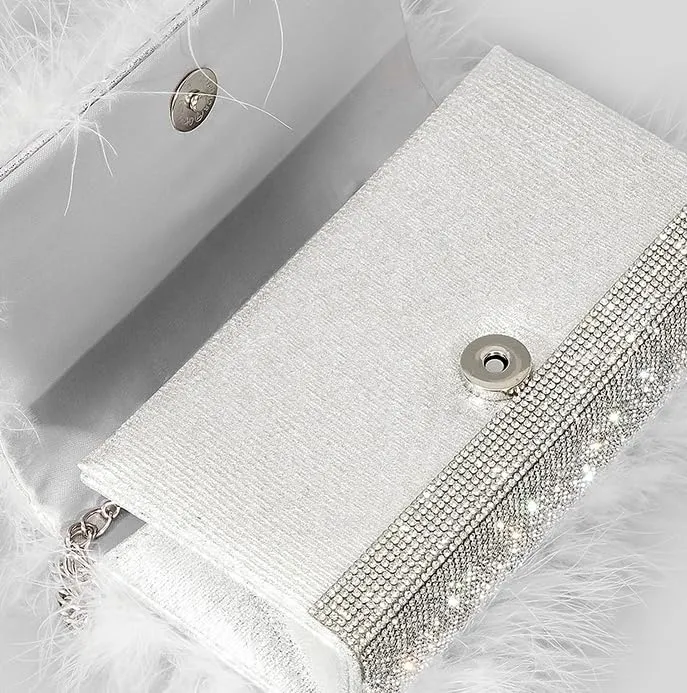 Women Ostrich Feather Evening Bag Dazzling Rhinestone Shoulder Bag Vintage Party Wedding Handbag Clutch Purse 2025