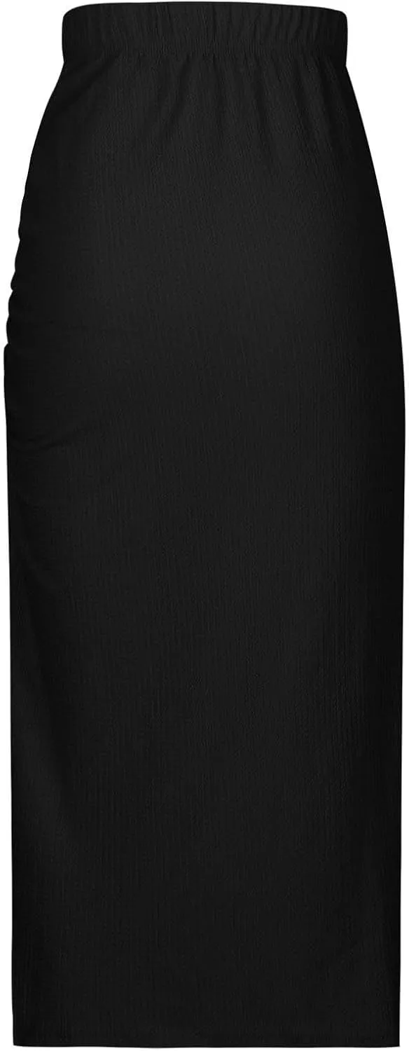Women Pencil Midi Skirt Solid High Waisted Ruched Split Thigh Slit Skirts Casual Fashion Sexy Formal Bodycon Skorts