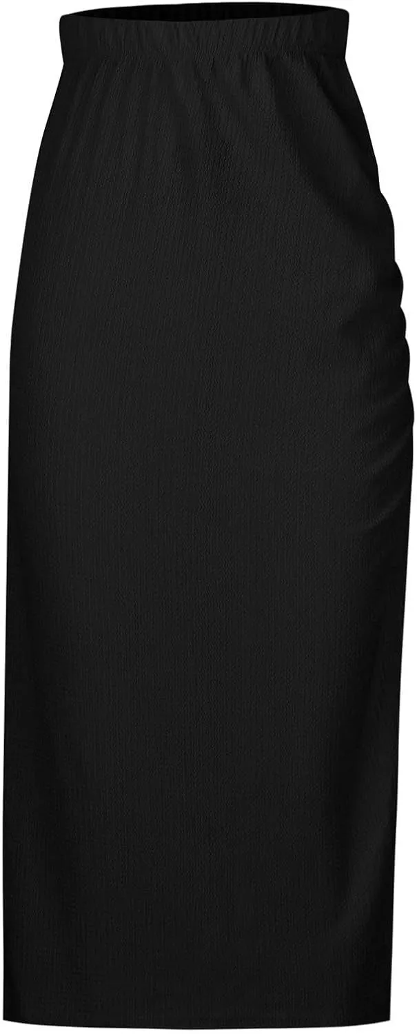 Women Pencil Midi Skirt Solid High Waisted Ruched Split Thigh Slit Skirts Casual Fashion Sexy Formal Bodycon Skorts
