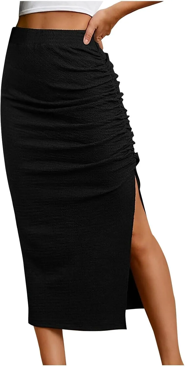Women Pencil Midi Skirt Solid High Waisted Ruched Split Thigh Slit Skirts Casual Fashion Sexy Formal Bodycon Skorts