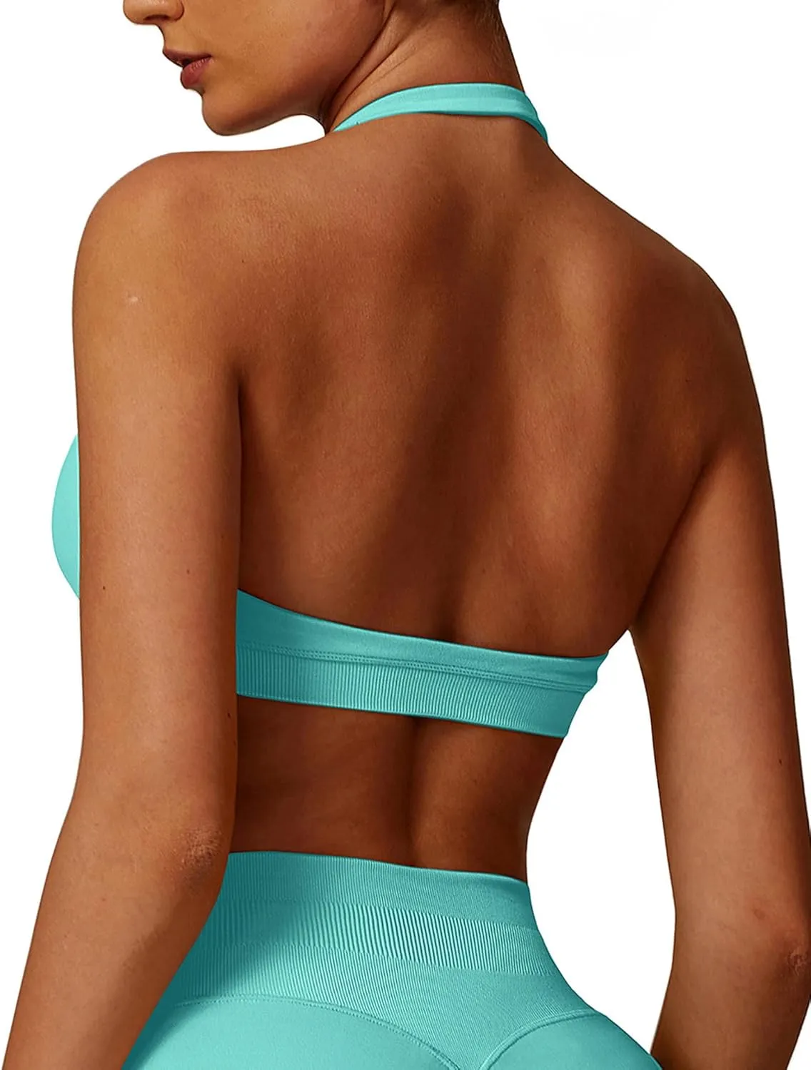 Women Seamless Halter Sports Bras Padded Low Impact Workout Gym Yoga Bra Running Crop Tank Tops with Removable Cups