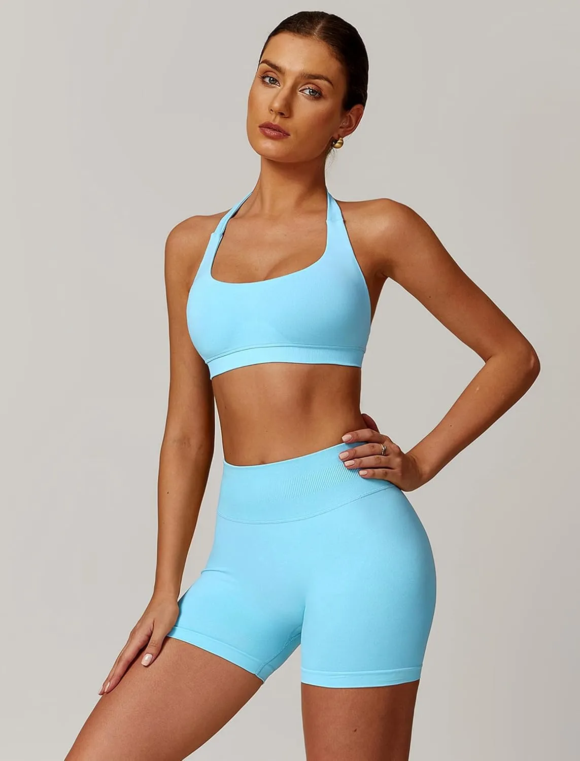 Women Seamless Halter Sports Bras Padded Low Impact Workout Gym Yoga Bra Running Crop Tank Tops with Removable Cups