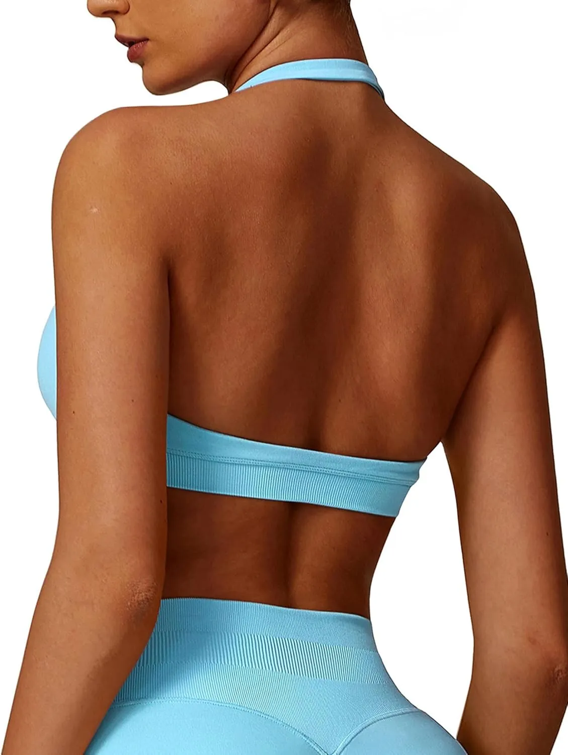 Women Seamless Halter Sports Bras Padded Low Impact Workout Gym Yoga Bra Running Crop Tank Tops with Removable Cups