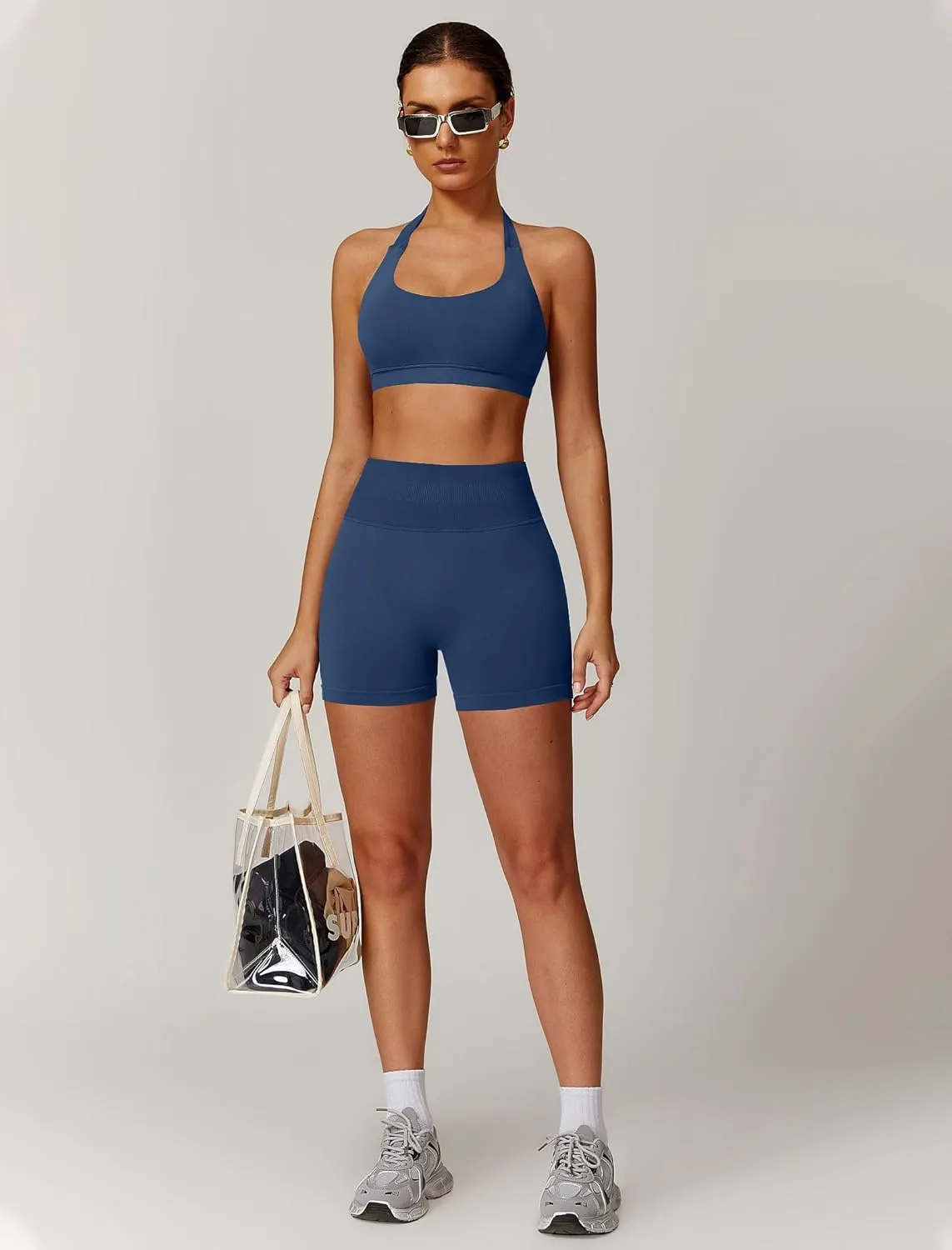 Women Seamless Halter Sports Bras Padded Low Impact Workout Gym Yoga Bra Running Crop Tank Tops with Removable Cups