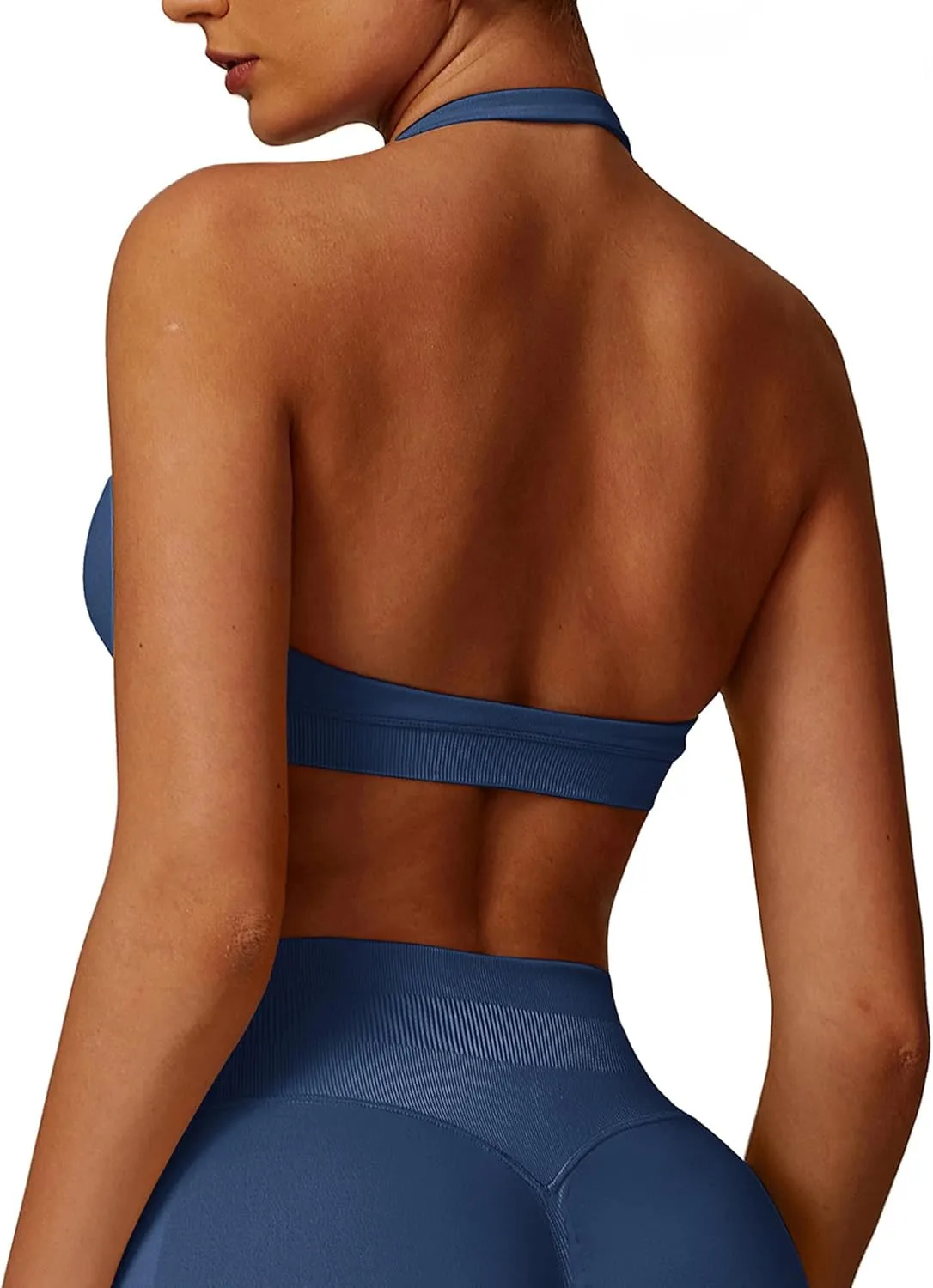 Women Seamless Halter Sports Bras Padded Low Impact Workout Gym Yoga Bra Running Crop Tank Tops with Removable Cups