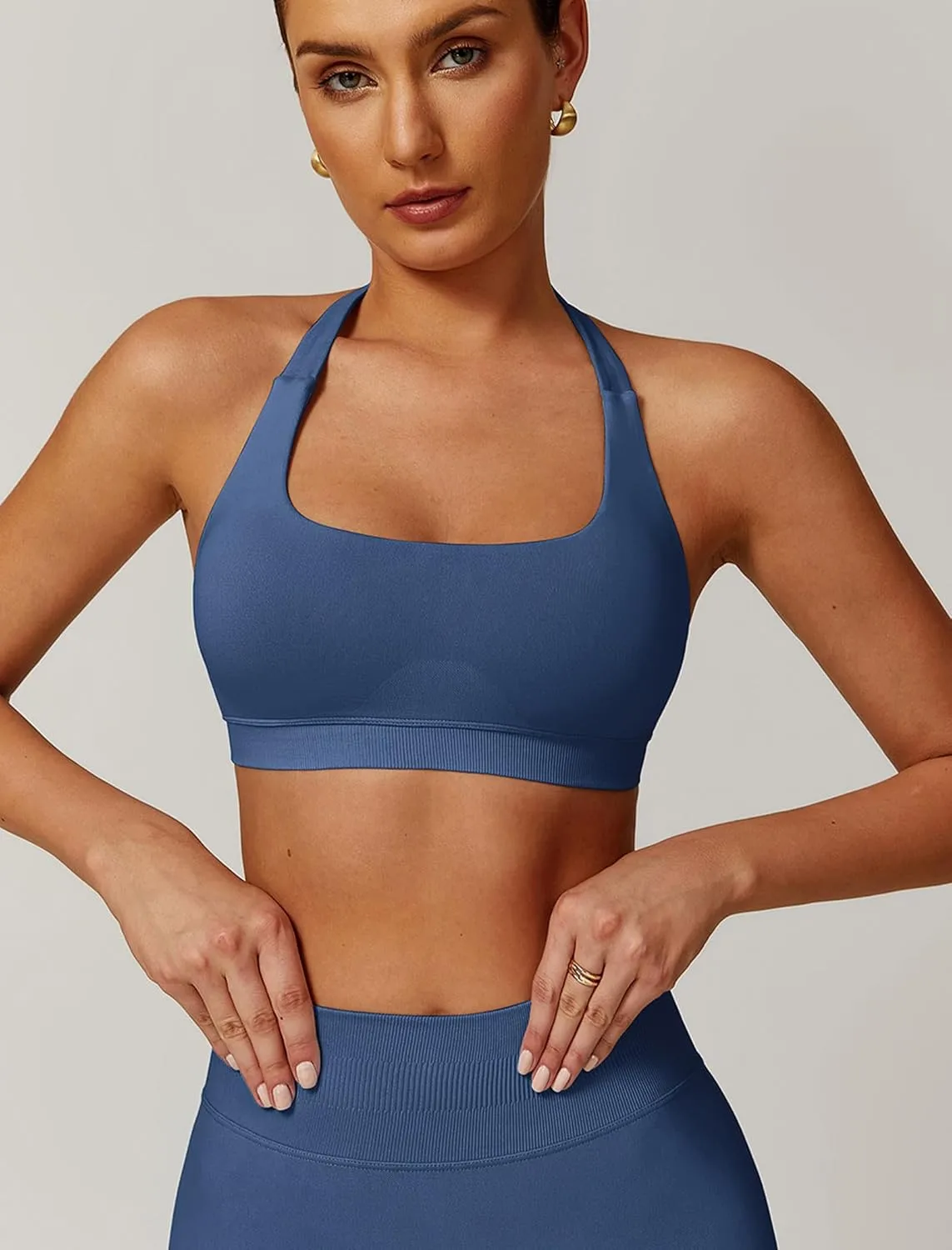 Women Seamless Halter Sports Bras Padded Low Impact Workout Gym Yoga Bra Running Crop Tank Tops with Removable Cups
