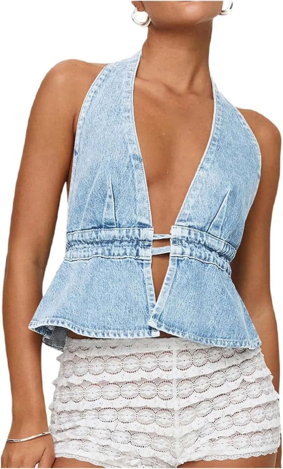 Women Sexy Halter Jean Vest Deep V Neck Denim Tie Vest Summer Backless Ruffle Denim Tank Top Streeetwear
