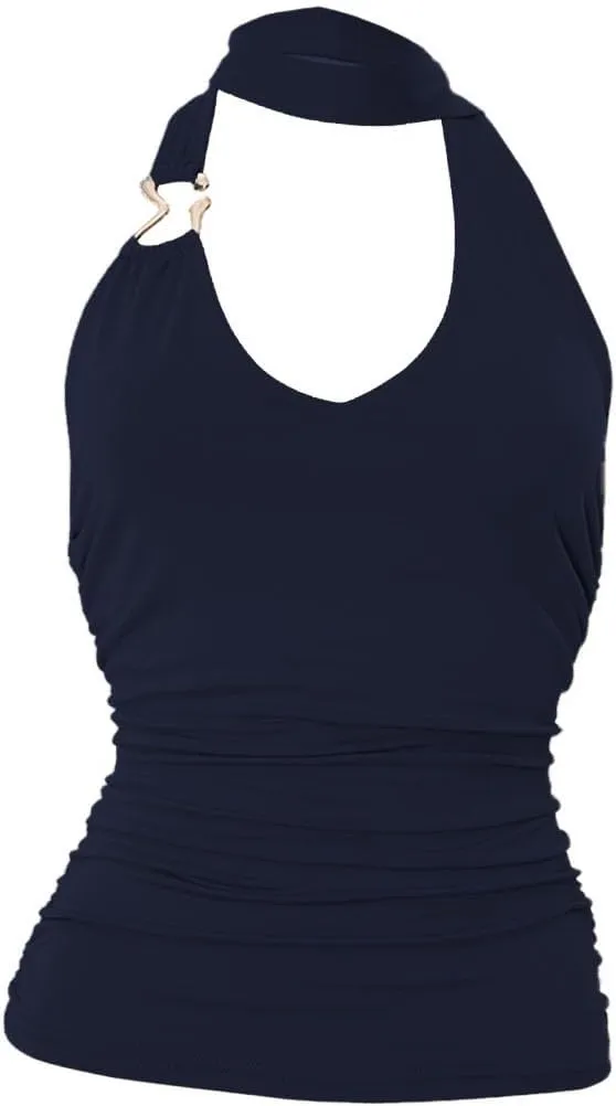 Women Sexy Scoop Neck Scarf Halter Cami Tops Y2K Sleeveless Backless Slim Fit Ruched Tank Tops Summer Streetwear