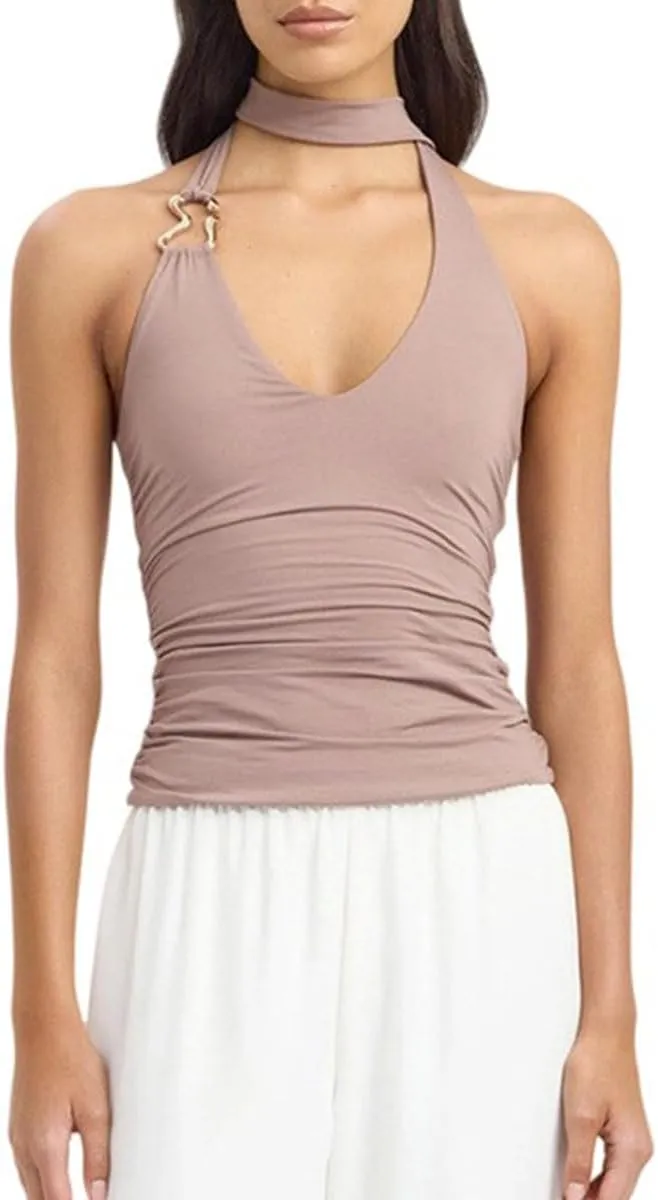 Women Sexy Scoop Neck Scarf Halter Cami Tops Y2K Sleeveless Backless Slim Fit Ruched Tank Tops Summer Streetwear