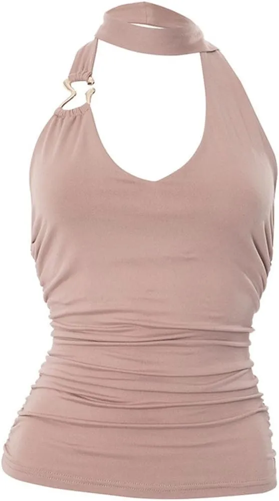 Women Sexy Scoop Neck Scarf Halter Cami Tops Y2K Sleeveless Backless Slim Fit Ruched Tank Tops Summer Streetwear