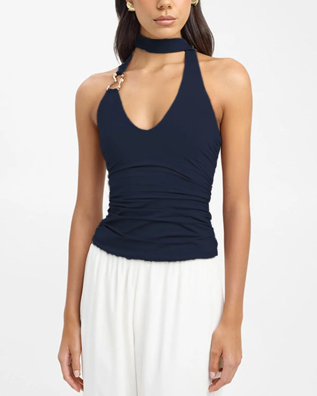 Women Sexy Scoop Neck Scarf Halter Cami Tops Y2K Sleeveless Backless Slim Fit Ruched Tank Tops Summer Streetwear