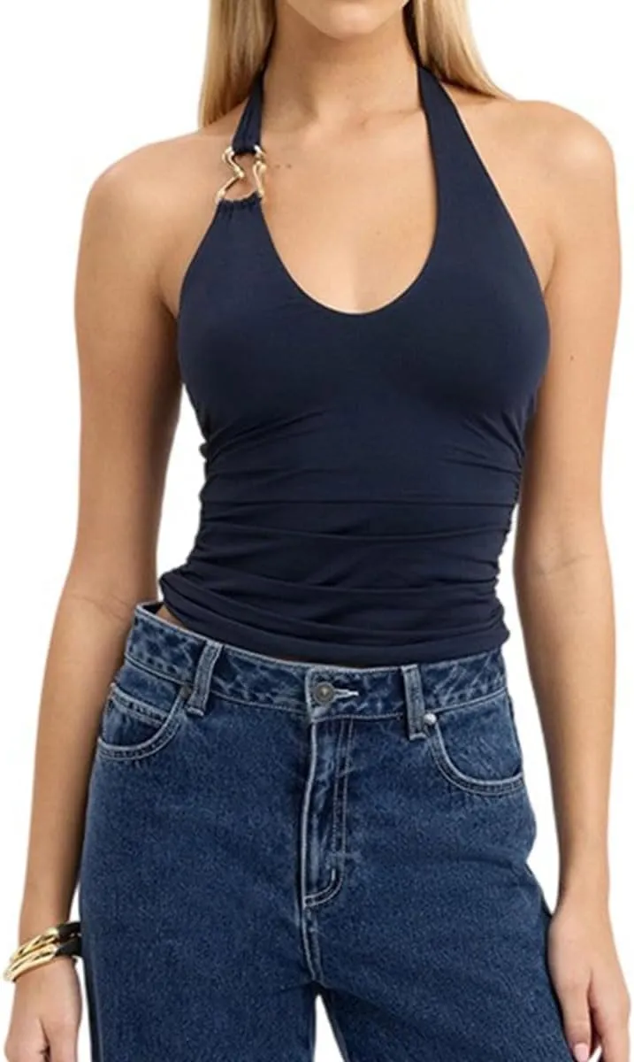 Women Sexy Scoop Neck Scarf Halter Cami Tops Y2K Sleeveless Backless Slim Fit Ruched Tank Tops Summer Streetwear