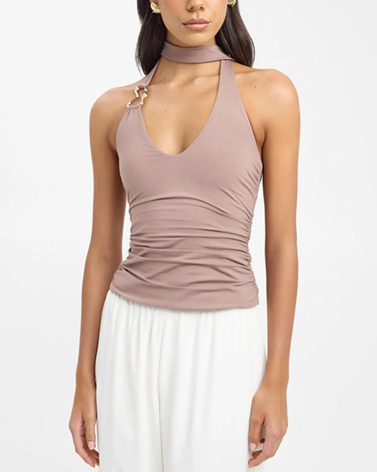 Women Sexy Scoop Neck Scarf Halter Cami Tops Y2K Sleeveless Backless Slim Fit Ruched Tank Tops Summer Streetwear
