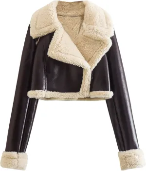 Women Sherpa Short Coat Fleece Long Sleeve Faux Leather Jacket Zip Shearling Lined Motorcycle Style Winter Outerwear