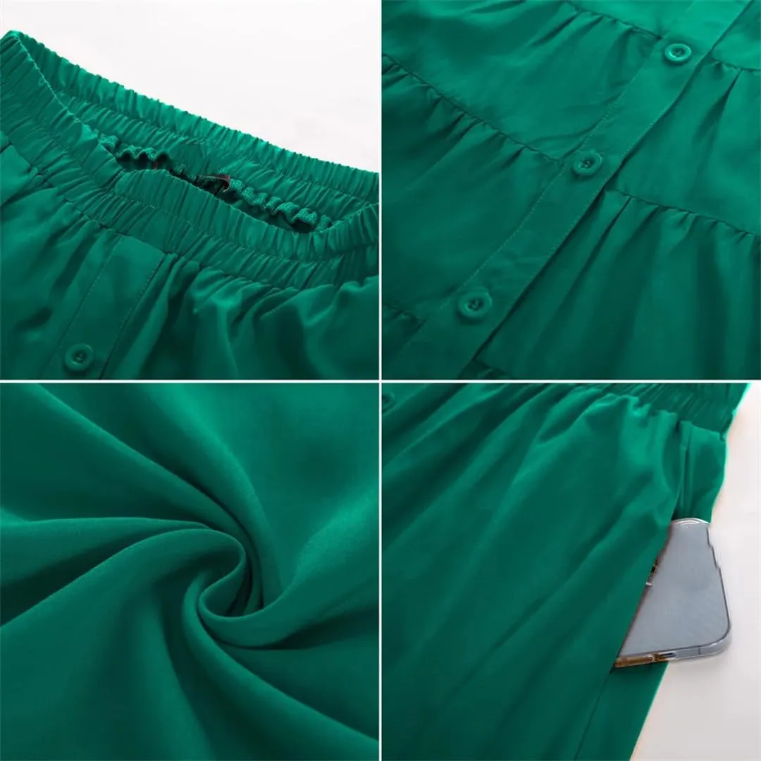 Women Skirt Vintage Maxi Skirt Elastic Waist Front Slit Tiered Swing Skirt Fashion Casual Layered Skirts