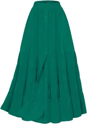 Women Skirt Vintage Maxi Skirt Elastic Waist Front Slit Tiered Swing Skirt Fashion Casual Layered Skirts