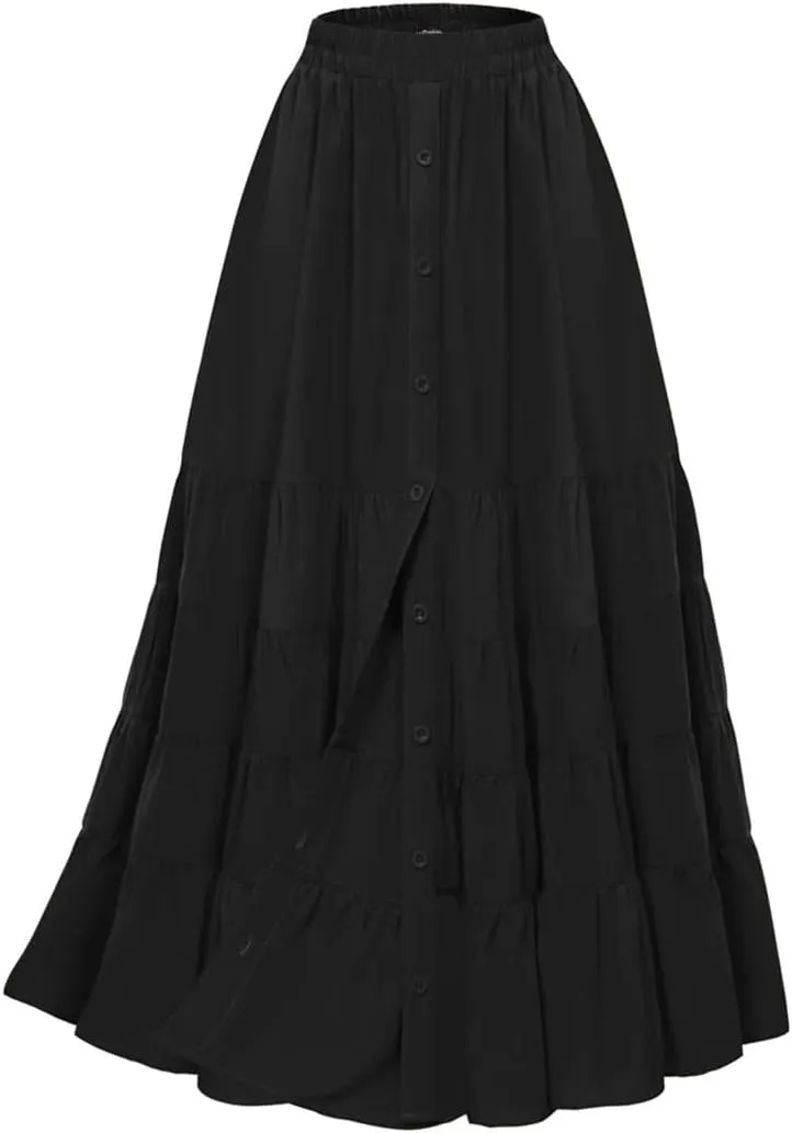 Women Skirt Vintage Maxi Skirt Elastic Waist Front Slit Tiered Swing Skirt Fashion Casual Layered Skirts