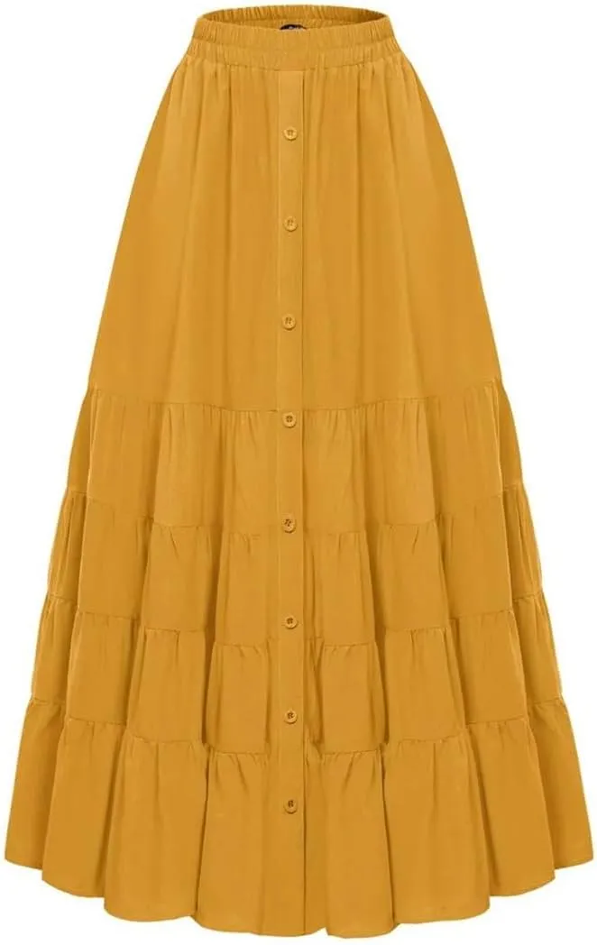 Women Skirt Vintage Maxi Skirt Elastic Waist Front Slit Tiered Swing Skirt Fashion Casual Layered Skirts