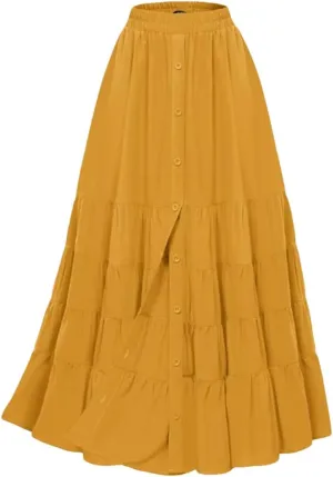 Women Skirt Vintage Maxi Skirt Elastic Waist Front Slit Tiered Swing Skirt Fashion Casual Layered Skirts