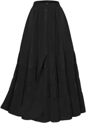 Women Skirt Vintage Maxi Skirt Elastic Waist Front Slit Tiered Swing Skirt Fashion Casual Layered Skirts