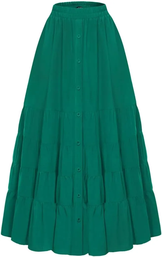 Women Skirt Vintage Maxi Skirt Elastic Waist Front Slit Tiered Swing Skirt Fashion Casual Layered Skirts