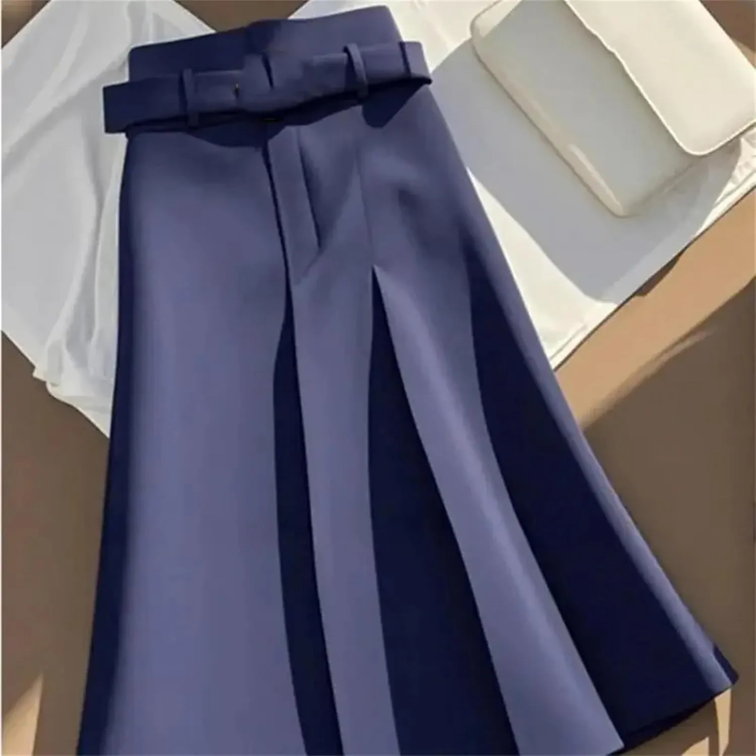 Women Slim Skirt Women High Waist A-Line Pleated Wrapped Hip Skirts Fashion Midi Skirts with Belt Women's Skirts