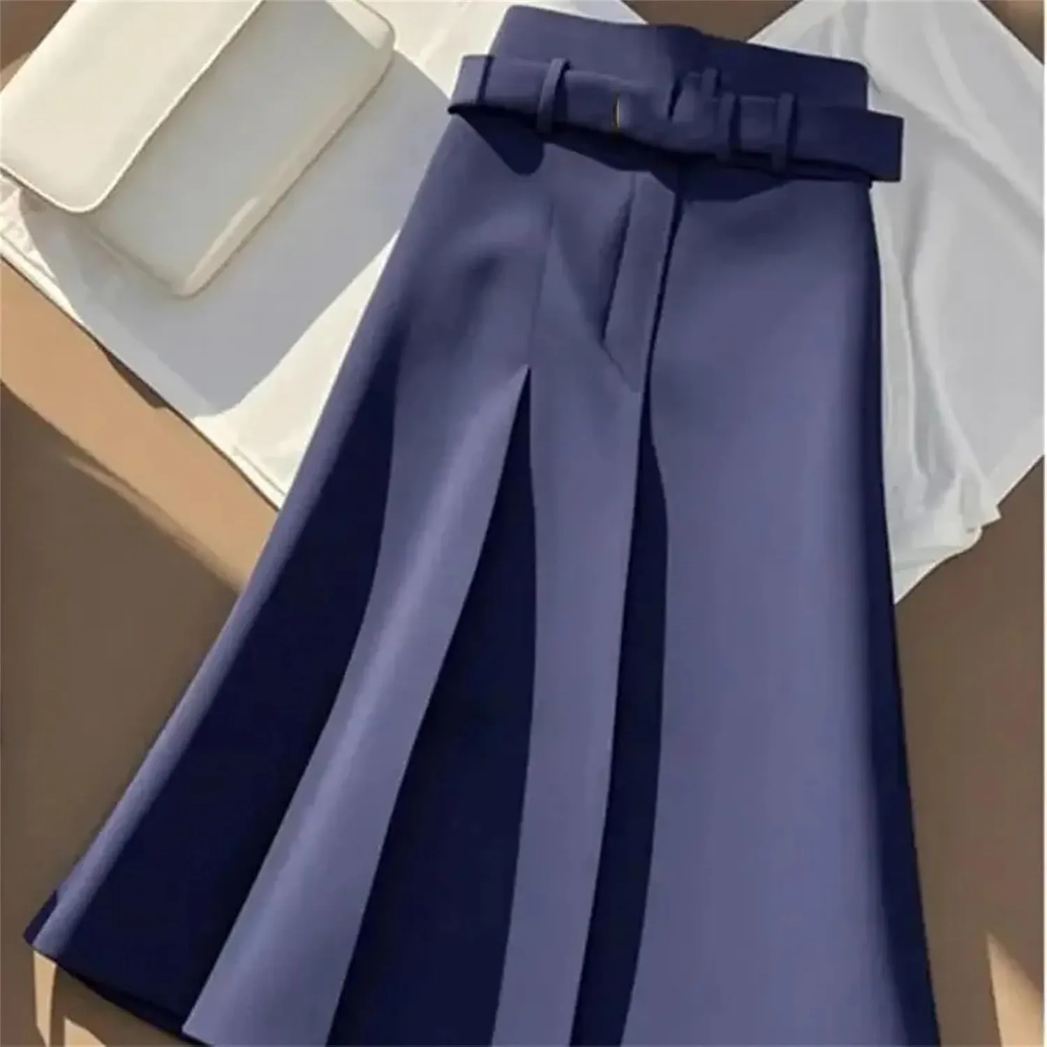 Women Slim Skirt Women High Waist A-Line Pleated Wrapped Hip Skirts Fashion Midi Skirts with Belt Women's Skirts