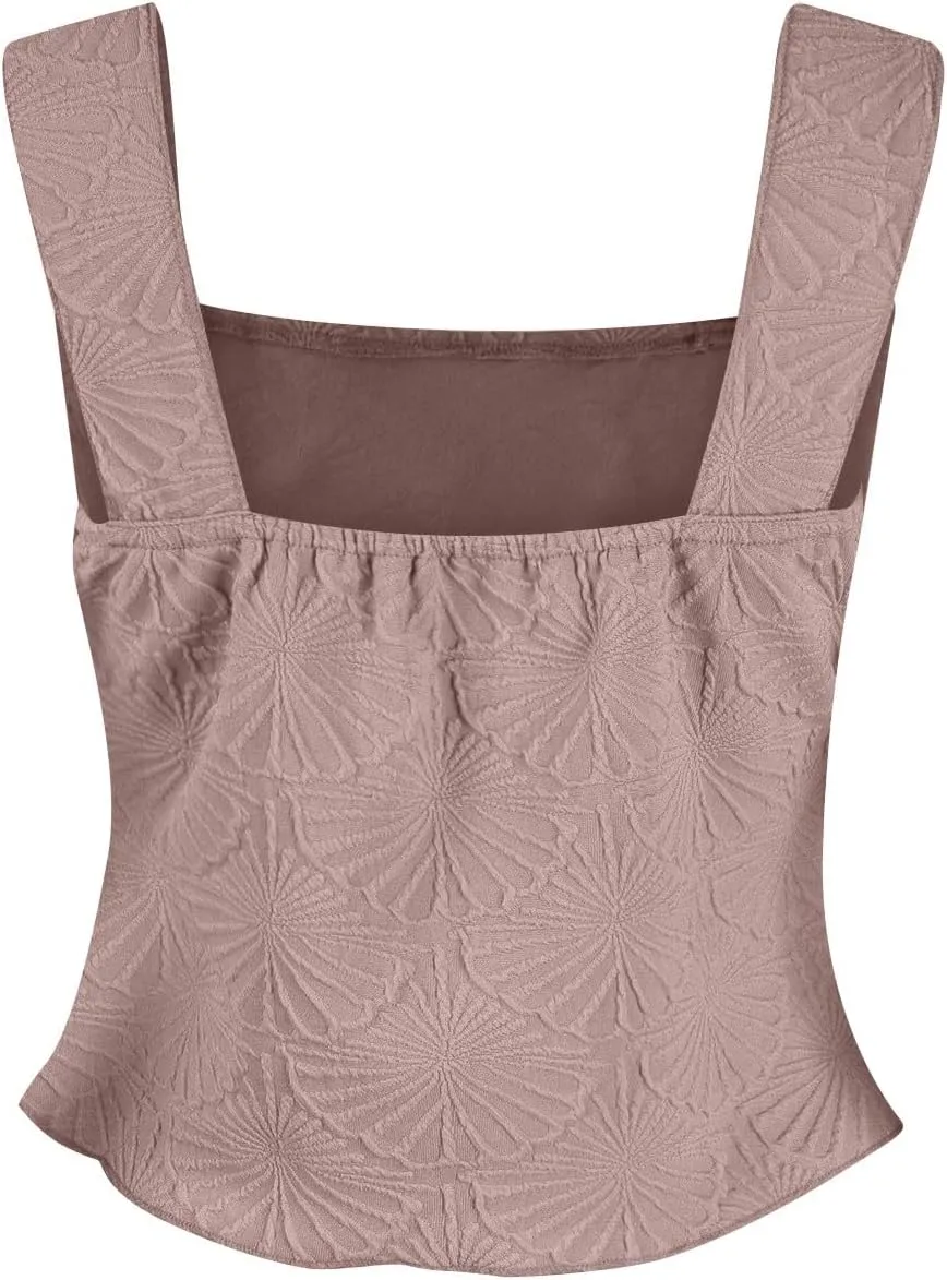 Women Square Neck Wide Straps Crop Tank Tops Casual Floral Sleeveless Lettuce Trim Slim Fit Crop Cami Vest Tops