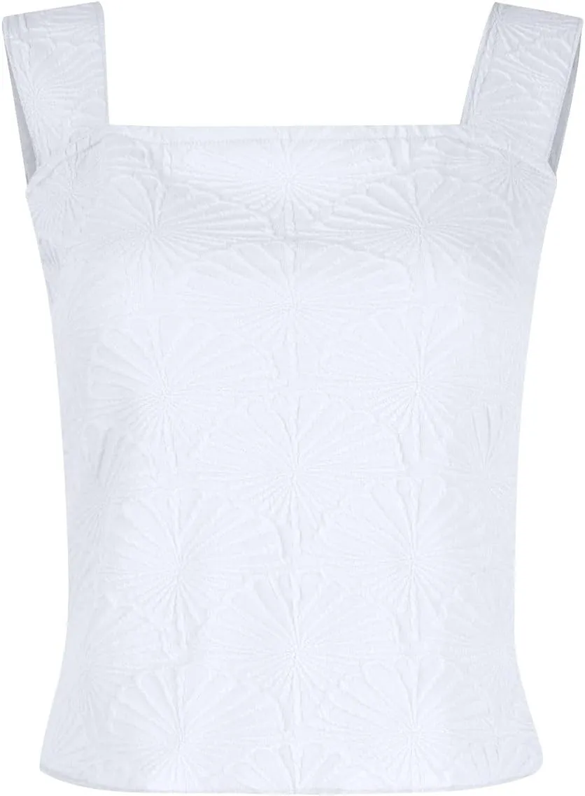 Women Square Neck Wide Straps Crop Tank Tops Casual Floral Sleeveless Lettuce Trim Slim Fit Crop Cami Vest Tops