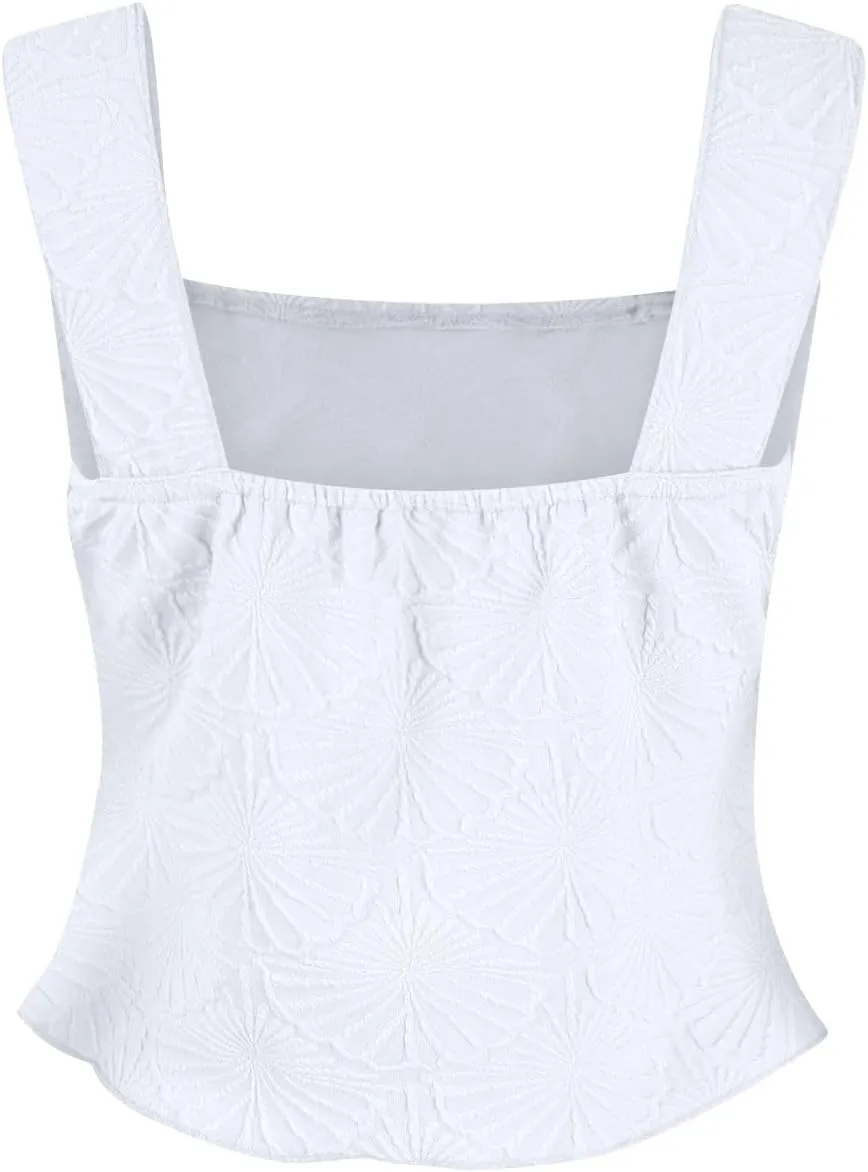 Women Square Neck Wide Straps Crop Tank Tops Casual Floral Sleeveless Lettuce Trim Slim Fit Crop Cami Vest Tops