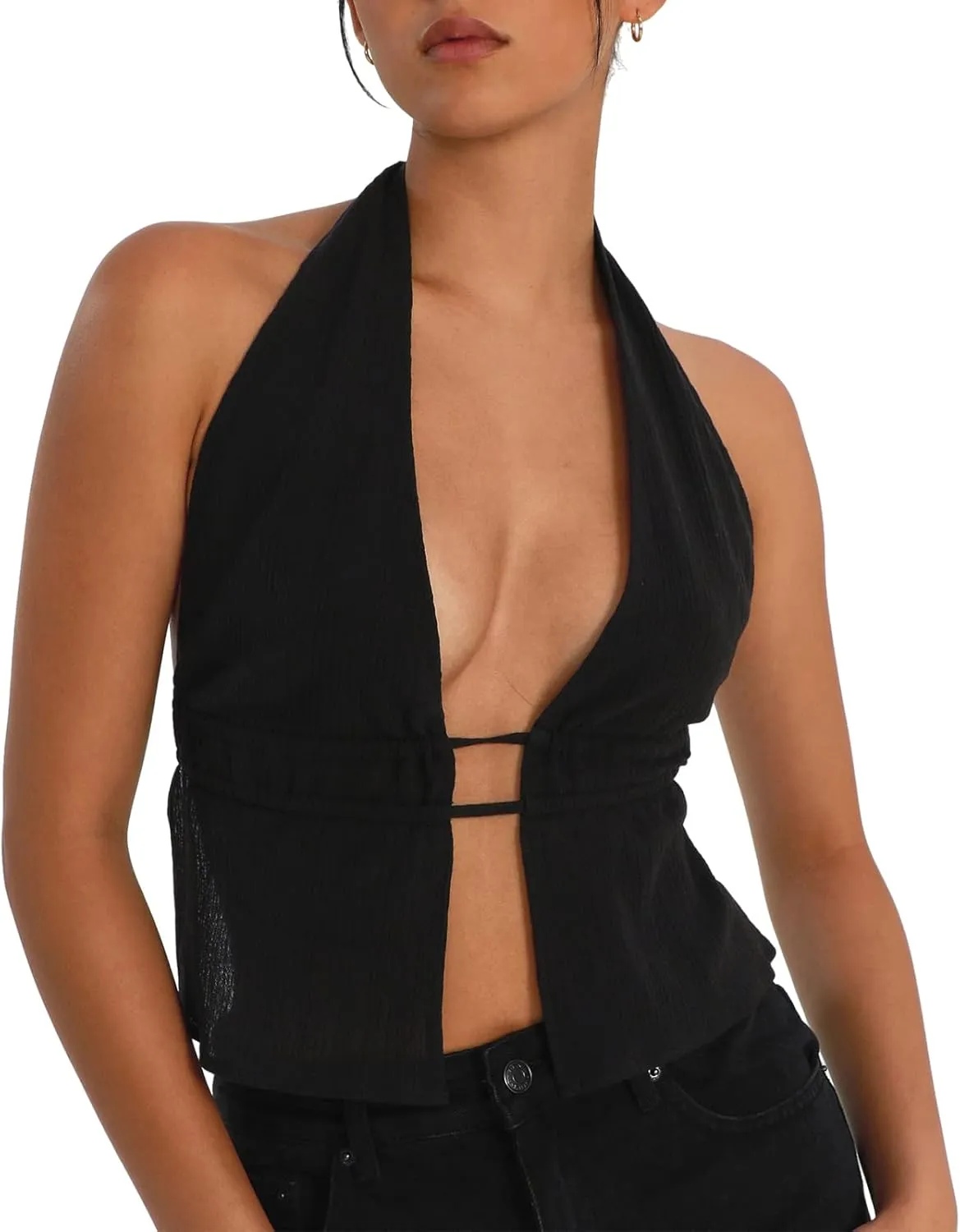 Women Summer Halter Neck Cami Vest Sleeveless Deep V Neck Solid Color Crop Top Backless Tank Tops Streetwear Outfit