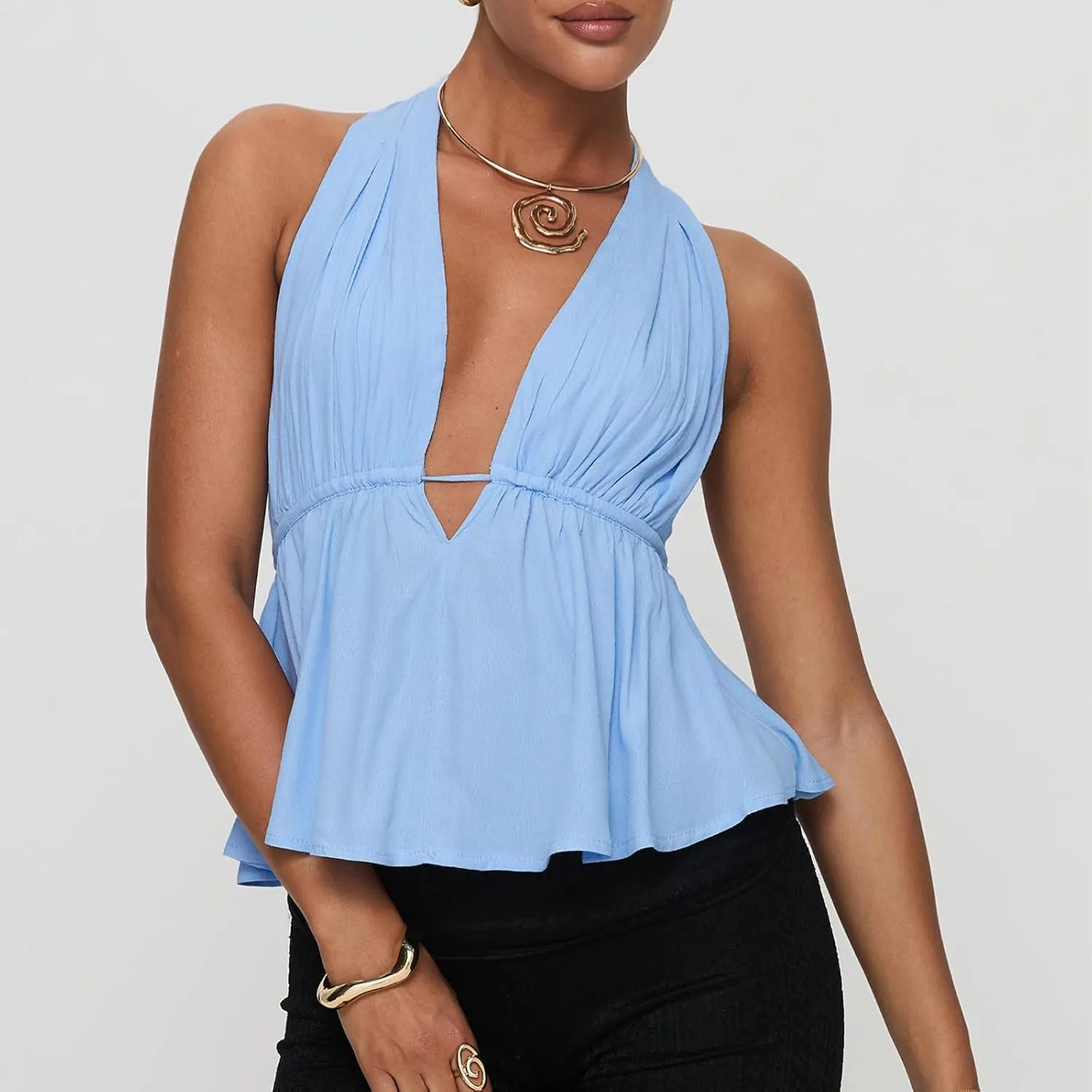 Women Summer Halter Neck Cami Vest Sleeveless Deep V Neck Solid Color Crop Top Backless Tank Tops Streetwear Outfit