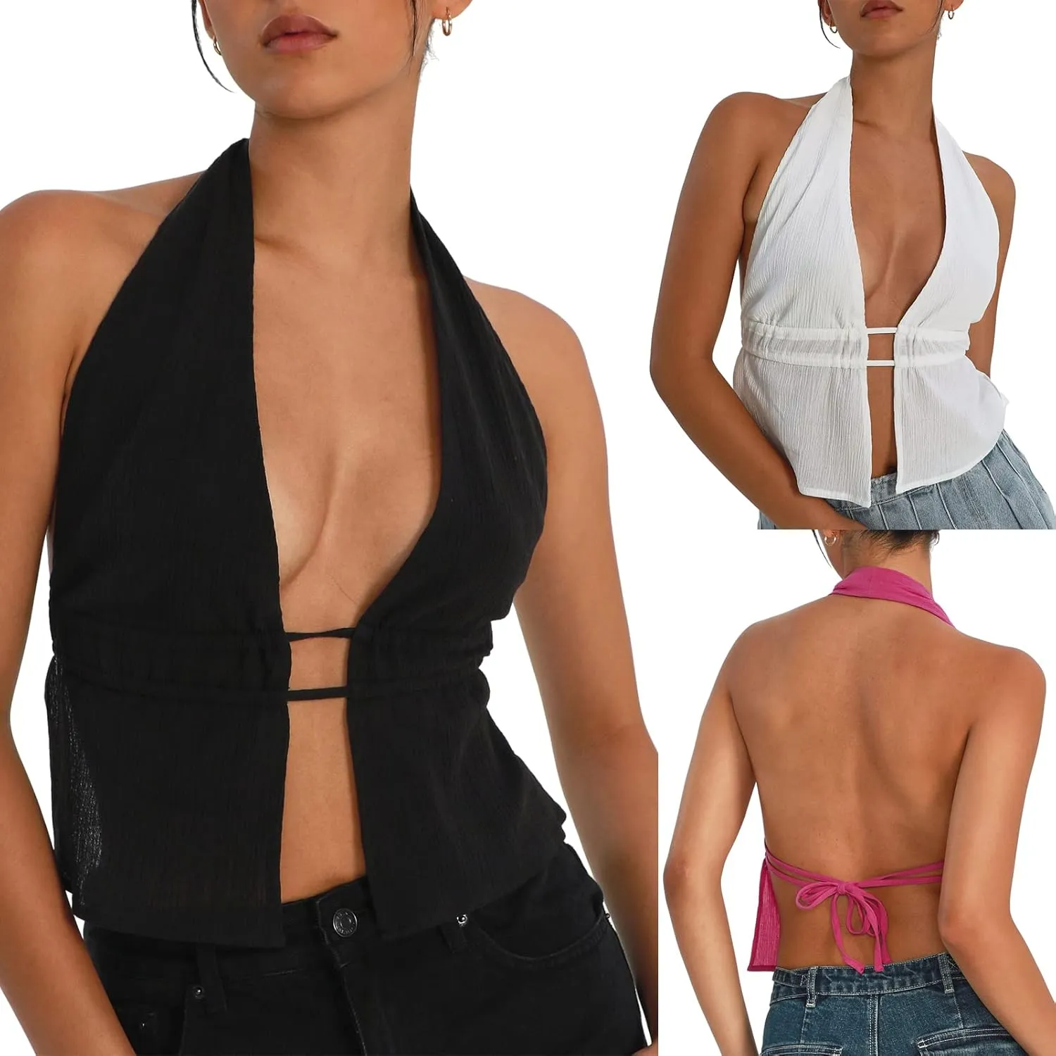Women Summer Halter Neck Cami Vest Sleeveless Deep V Neck Solid Color Crop Top Backless Tank Tops Streetwear Outfit