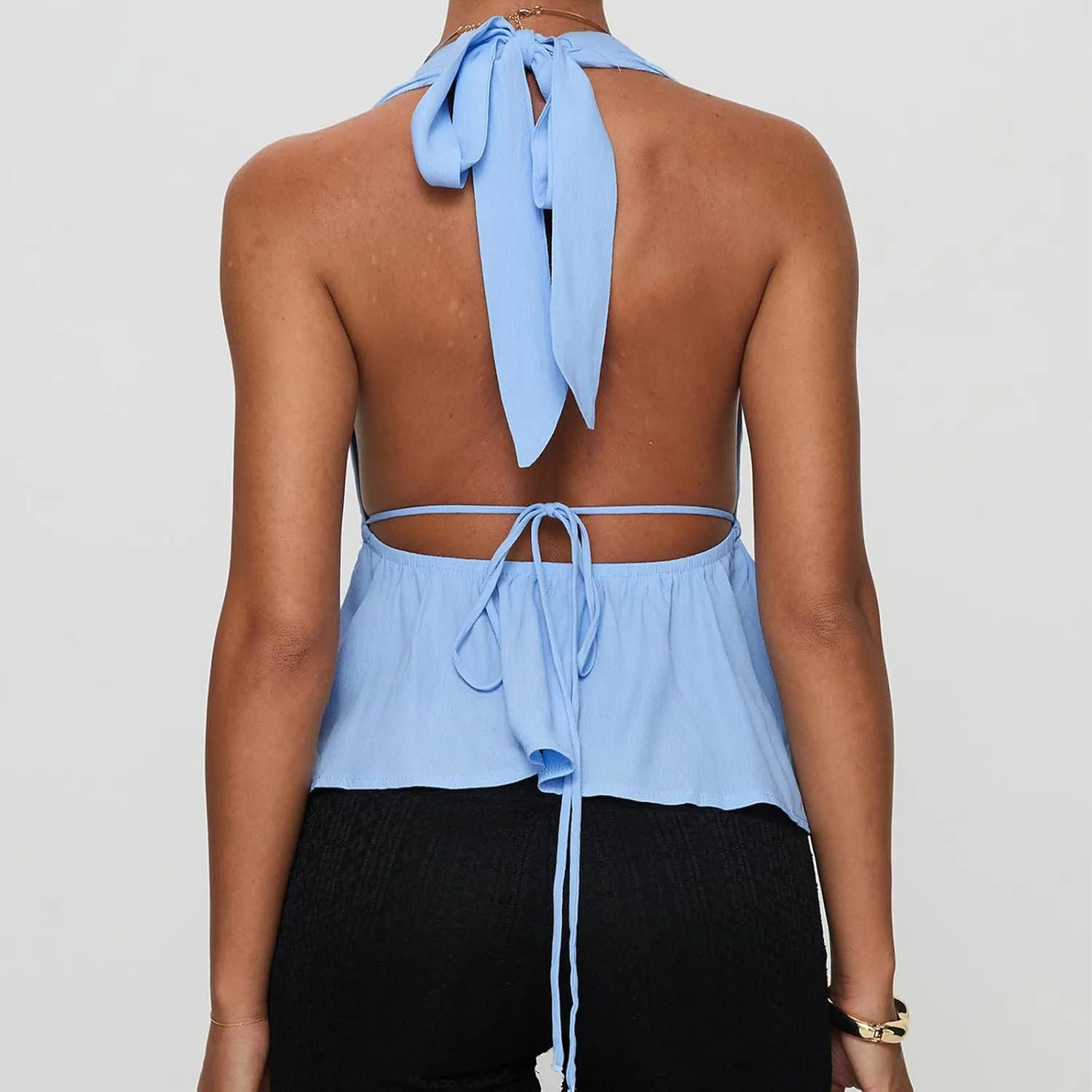 Women Summer Halter Neck Cami Vest Sleeveless Deep V Neck Solid Color Crop Top Backless Tank Tops Streetwear Outfit