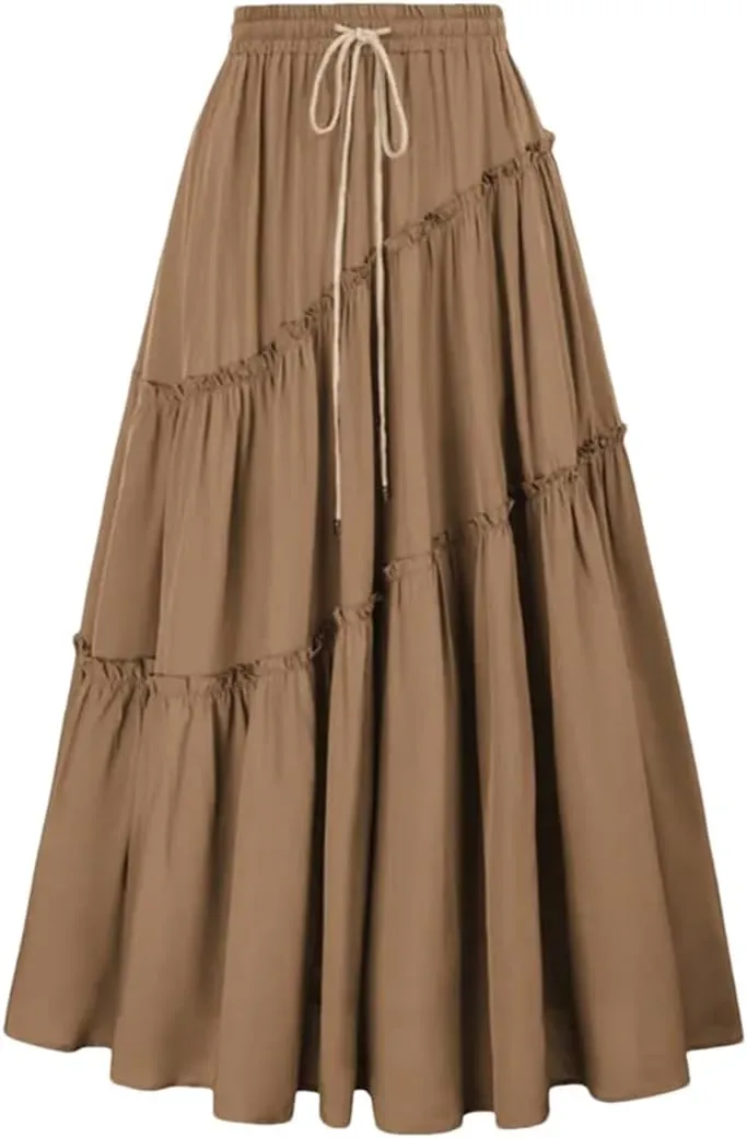 Women Tiered Swing Skirt Drawstring Waist Maxi Skirt Loose Pleated A-Line Swing Midi Skirt