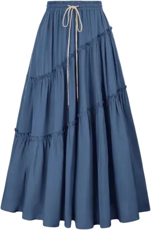 Women Tiered Swing Skirt Drawstring Waist Maxi Skirt Loose Pleated A-Line Swing Midi Skirt