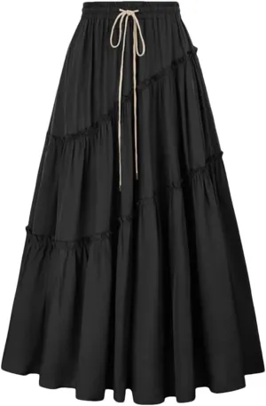 Women Tiered Swing Skirt Drawstring Waist Maxi Skirt Loose Pleated A-Line Swing Midi Skirt