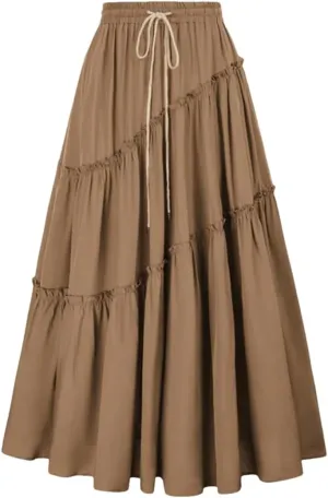 Women Tiered Swing Skirt Drawstring Waist Maxi Skirt Loose Pleated A-Line Swing Midi Skirt