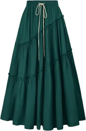 Women Tiered Swing Skirt Drawstring Waist Maxi Skirt Loose Pleated A-Line Swing Midi Skirt