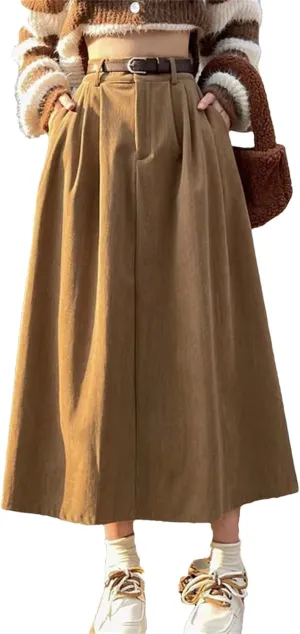 Women Vintage Corduroy Midi Skirts for Women High Waist Pleated A Line Skirts Female Winter Casual Skirts