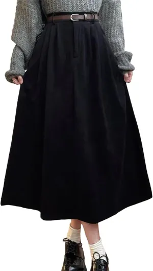 Women Vintage Corduroy Midi Skirts for Women High Waist Pleated A Line Skirts Female Winter Casual Skirts