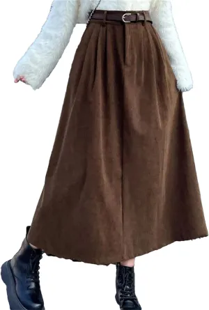 Women Vintage Corduroy Midi Skirts for Women High Waist Pleated A Line Skirts Female Winter Casual Skirts