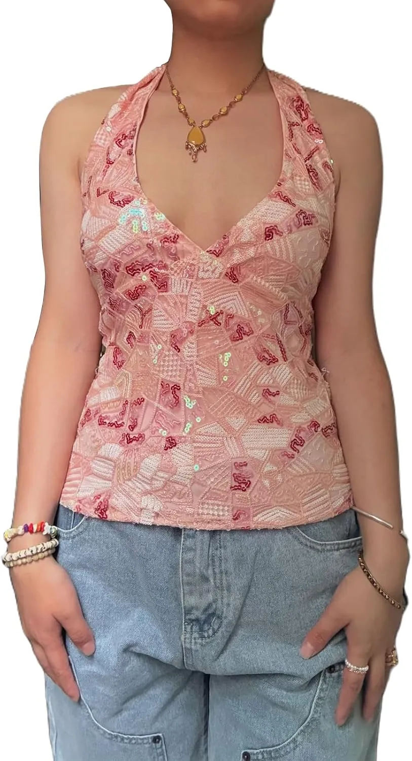 Women Y2k Sequin Halter Top Sheer Mesh Embroidered Beaded Cami Top Sleeveless Backless Sparkly Crop Tops