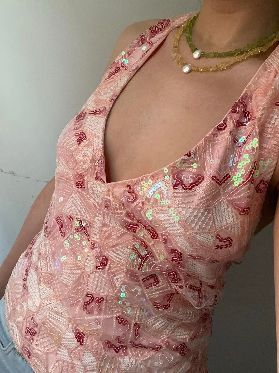 Women Y2k Sequin Halter Top Sheer Mesh Embroidered Beaded Cami Top Sleeveless Backless Sparkly Crop Tops