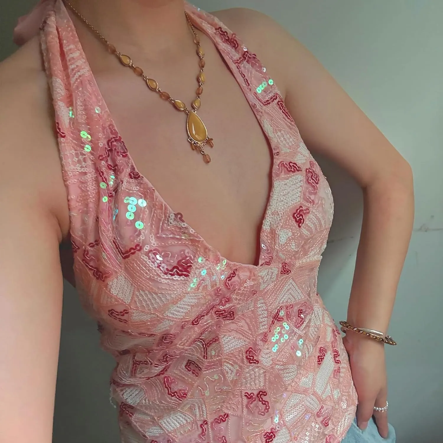 Women Y2k Sequin Halter Top Sheer Mesh Embroidered Beaded Cami Top Sleeveless Backless Sparkly Crop Tops
