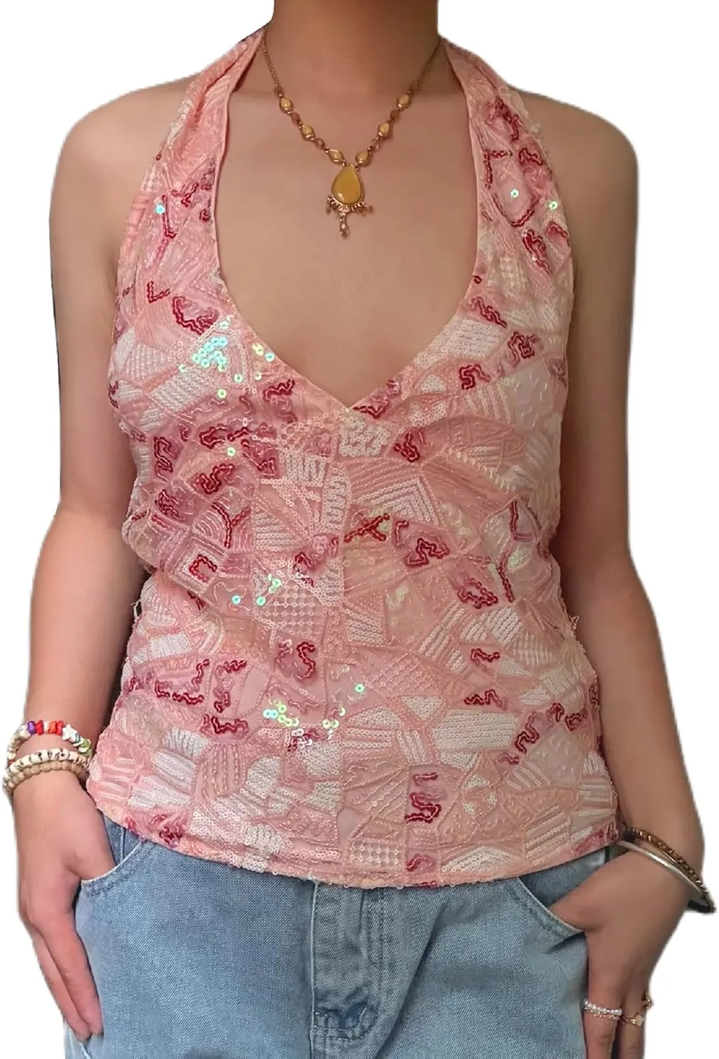 Women Y2k Sequin Halter Top Sheer Mesh Embroidered Beaded Cami Top Sleeveless Backless Sparkly Crop Tops