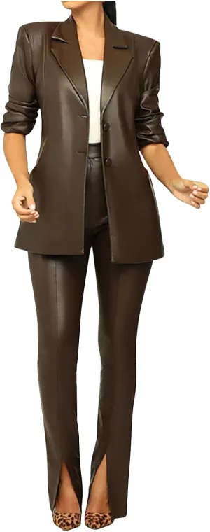 Women's 2 Piece Casual Outfits PU Leather Blazer Jackets High Waisted Split Pants Slim Work Pants Business Suit Set